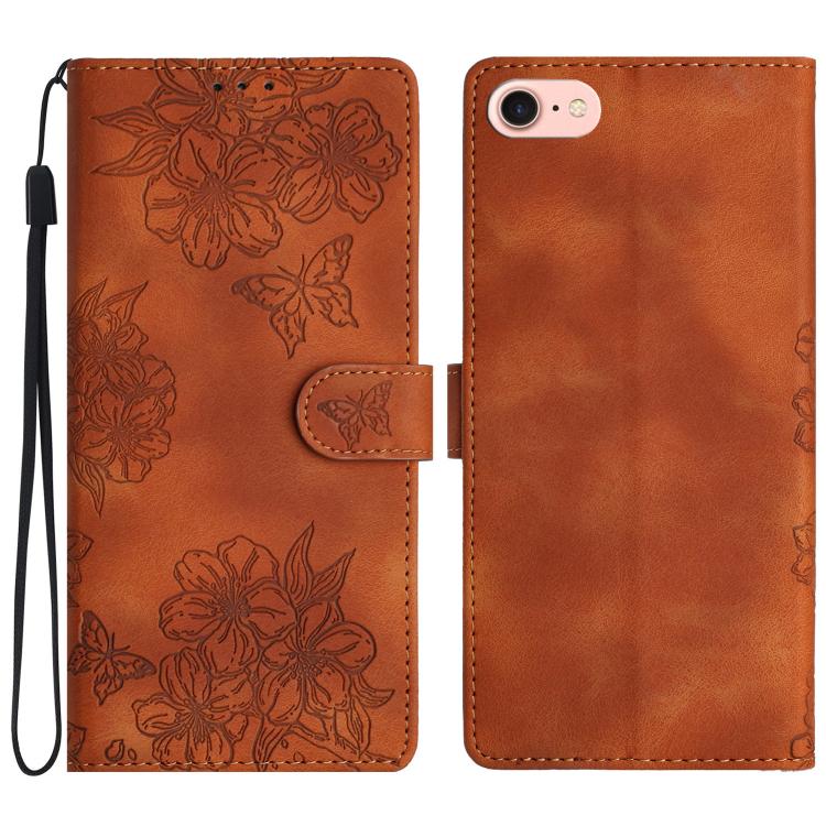 For iPhone 16e Cherry Blossom Butterfly Skin Feel Embossed PU Phone Case(Brown) - iPhone 16e Cases by buy2fix | Online Shopping UK | buy2fix