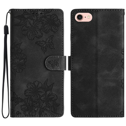 For iPhone 16e Cherry Blossom Butterfly Skin Feel Embossed PU Phone Case(Black) - iPhone 16e Cases by buy2fix | Online Shopping UK | buy2fix