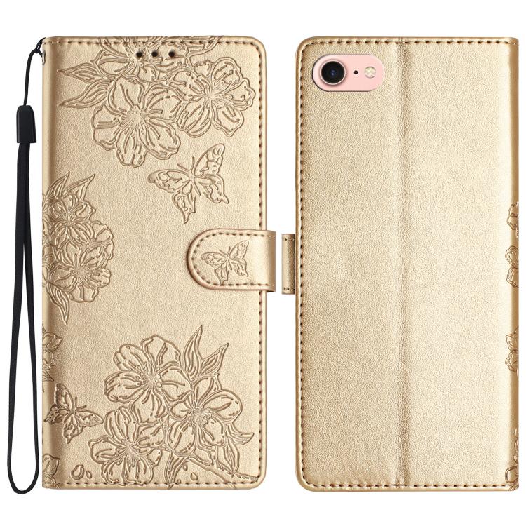 For iPhone 16e Cherry Blossom Butterfly Skin Feel Embossed PU Phone Case(Gold) - iPhone 16e Cases by buy2fix | Online Shopping UK | buy2fix