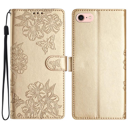 For iPhone 16e Cherry Blossom Butterfly Skin Feel Embossed PU Phone Case(Gold) - iPhone 16e Cases by buy2fix | Online Shopping UK | buy2fix