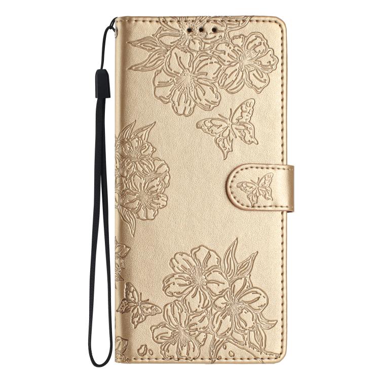 For iPhone 16e Cherry Blossom Butterfly Skin Feel Embossed PU Phone Case(Gold) - iPhone 16e Cases by buy2fix | Online Shopping UK | buy2fix