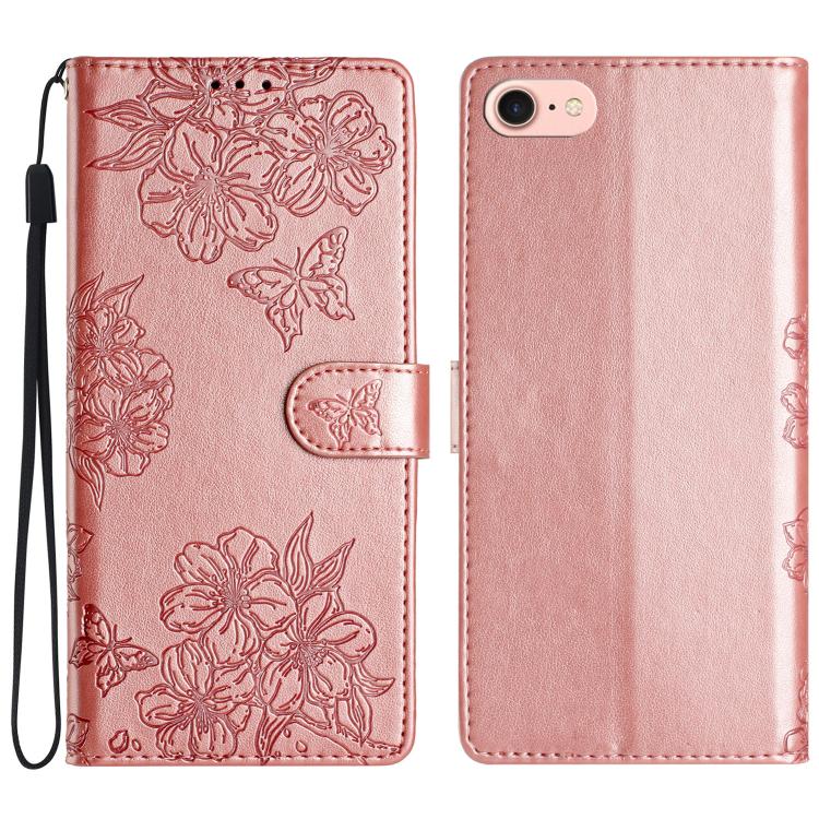 For iPhone 16e Cherry Blossom Butterfly Skin Feel Embossed PU Phone Case(Rose Gold) - iPhone 16e Cases by buy2fix | Online Shopping UK | buy2fix