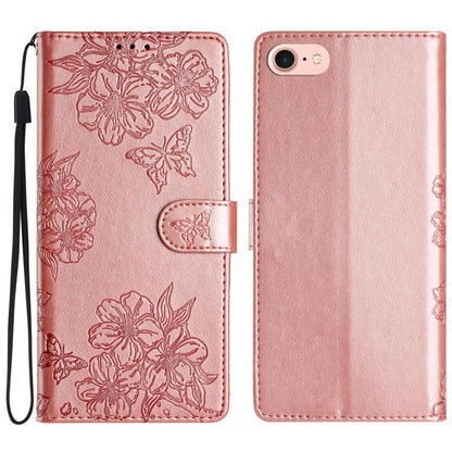 For iPhone 16e Cherry Blossom Butterfly Skin Feel Embossed PU Phone Case(Rose Gold) - iPhone 16e Cases by buy2fix | Online Shopping UK | buy2fix