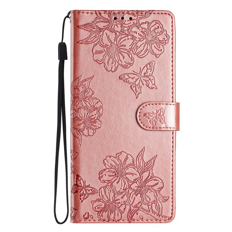 For iPhone 16e Cherry Blossom Butterfly Skin Feel Embossed PU Phone Case(Rose Gold) - iPhone 16e Cases by buy2fix | Online Shopping UK | buy2fix