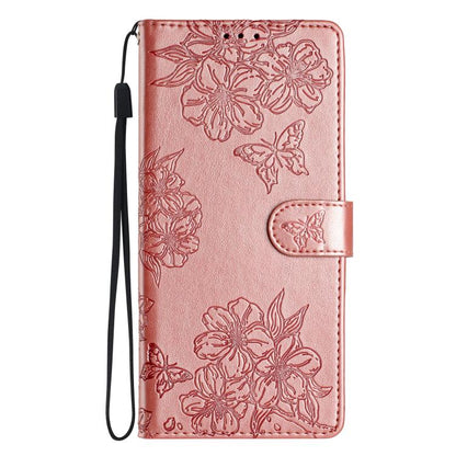 For iPhone 16e Cherry Blossom Butterfly Skin Feel Embossed PU Phone Case(Rose Gold) - iPhone 16e Cases by buy2fix | Online Shopping UK | buy2fix