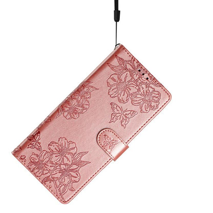For iPhone 16e Cherry Blossom Butterfly Skin Feel Embossed PU Phone Case(Rose Gold) - iPhone 16e Cases by buy2fix | Online Shopping UK | buy2fix
