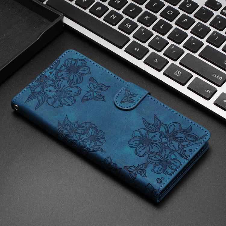 For iPhone Air Cherry Blossom Butterfly Skin Feel Embossed PU Phone Case(Blue) - iPhone Air Cases by buy2fix | Online Shopping UK | buy2fix