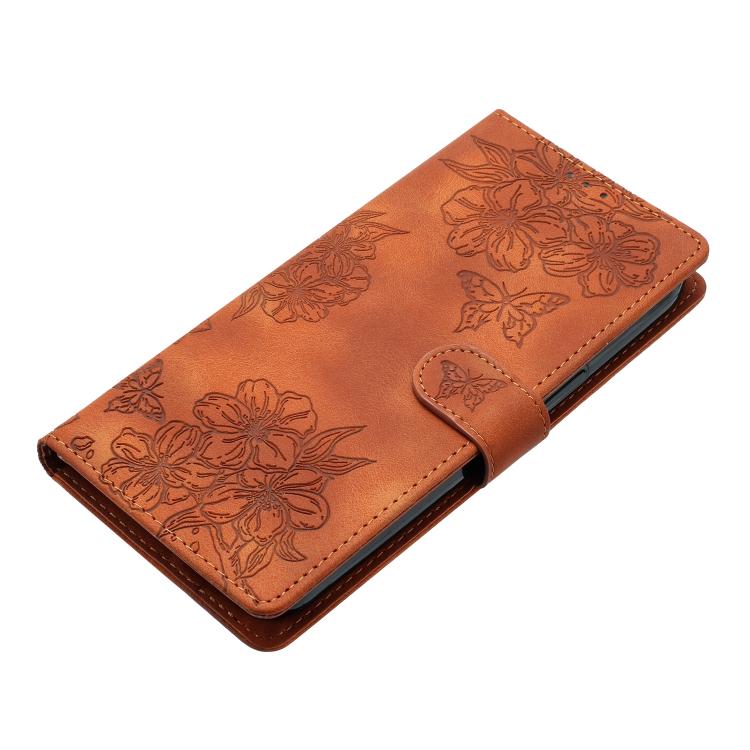 For iPhone Air Cherry Blossom Butterfly Skin Feel Embossed PU Phone Case(Brown) - iPhone Air Cases by buy2fix | Online Shopping UK | buy2fix