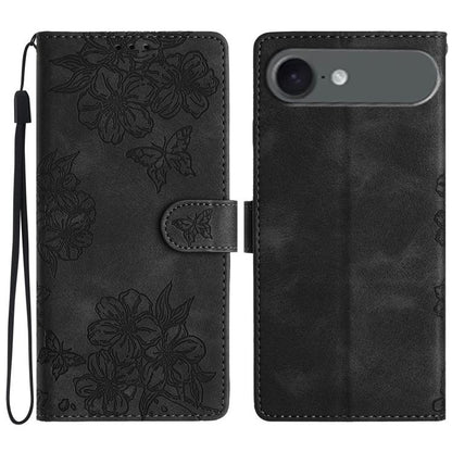 For iPhone Air Cherry Blossom Butterfly Skin Feel Embossed PU Phone Case(Black) - iPhone Air Cases by buy2fix | Online Shopping UK | buy2fix