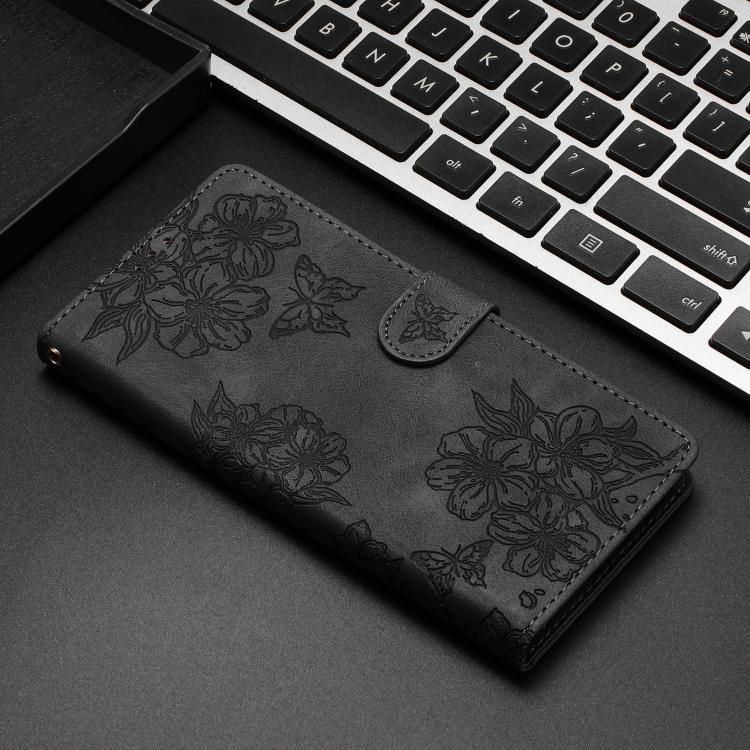 For iPhone Air Cherry Blossom Butterfly Skin Feel Embossed PU Phone Case(Black) - iPhone Air Cases by buy2fix | Online Shopping UK | buy2fix