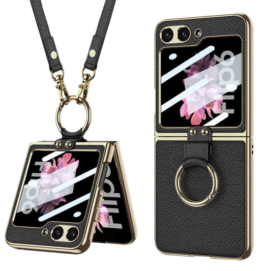 For Samsung Galaxy Z Flip6 / Flip7 FE GKK Integrated Electroplating Leather Phone Case with Ring/Strap(Black) - Galaxy Z Flip6 5G Cases by GKK | Online Shopping UK | buy2fix