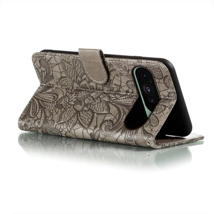 For Google Pixel 9 Lace Flower Embossing Flip Leather Phone Case(Grey) by buy2fix
