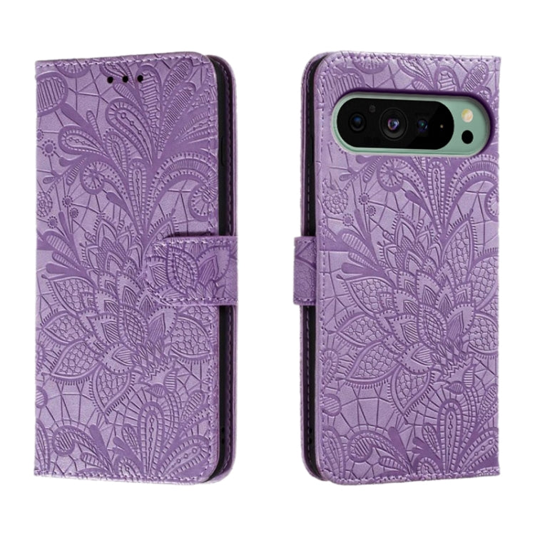 For Google Pixel 9 Lace Flower Embossing Flip Leather Phone Case(Purple) by buy2fix