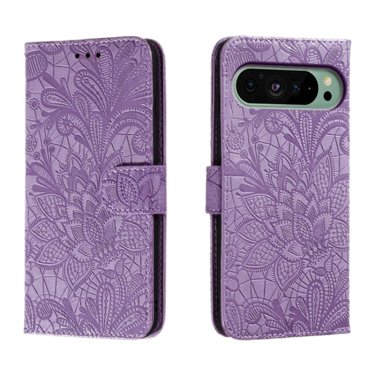 For Google Pixel 9 Lace Flower Embossing Flip Leather Phone Case(Purple) by buy2fix