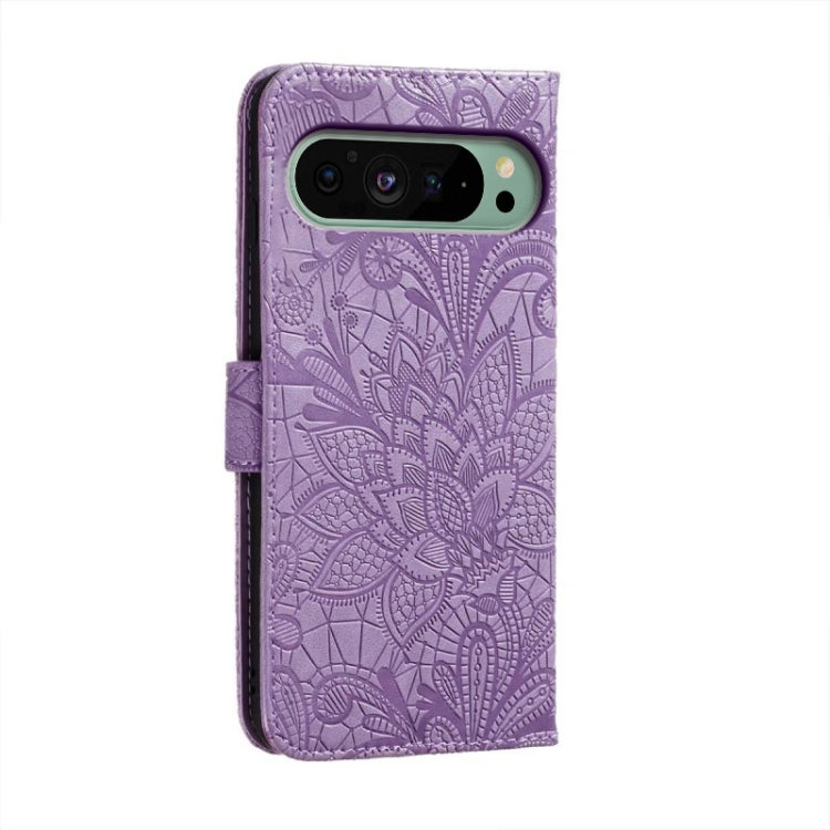 For Google Pixel 9 Lace Flower Embossing Flip Leather Phone Case(Purple) by buy2fix