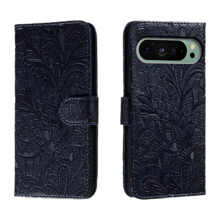 For Google Pixel 9 Lace Flower Embossing Flip Leather Phone Case(Dark Blue) by buy2fix