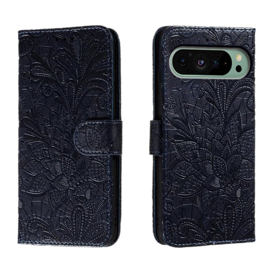 For Google Pixel 9 Lace Flower Embossing Flip Leather Phone Case(Dark Blue) by buy2fix