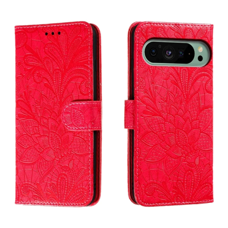 For Google Pixel 9 Lace Flower Embossing Flip Leather Phone Case(Red) by buy2fix