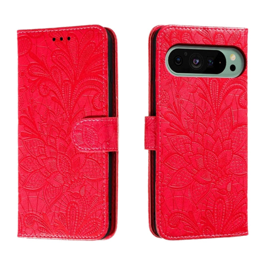 For Google Pixel 9 Lace Flower Embossing Flip Leather Phone Case(Red) by buy2fix