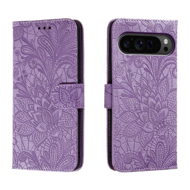 For Google Pixel 9 Pro Lace Flower Embossing Flip Leather Phone Case(Purple) by buy2fix