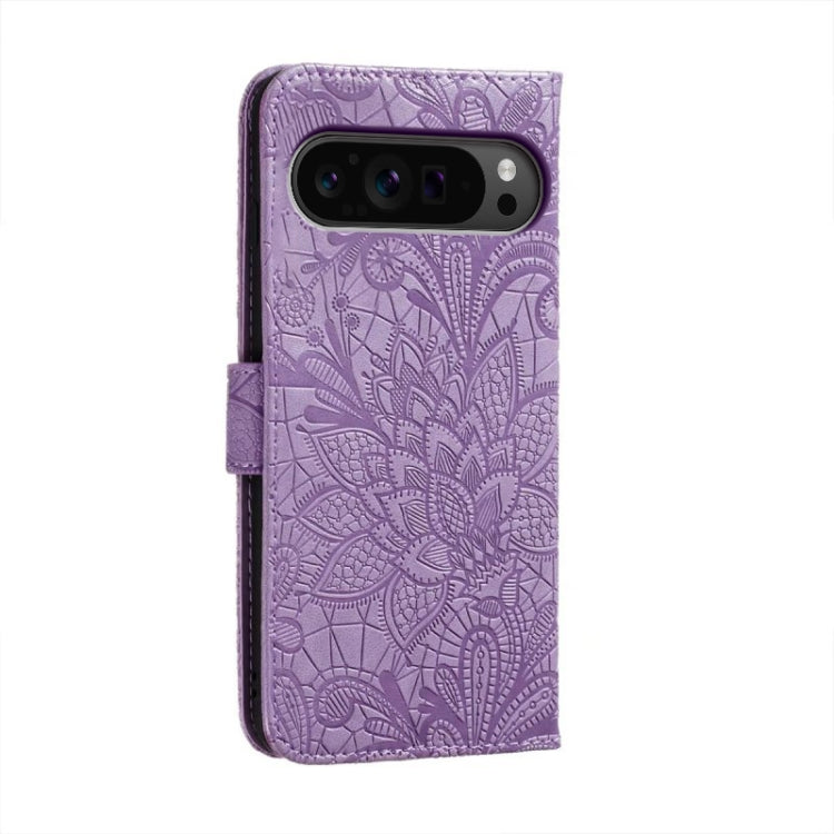 For Google Pixel 9 Pro Lace Flower Embossing Flip Leather Phone Case(Purple) by buy2fix