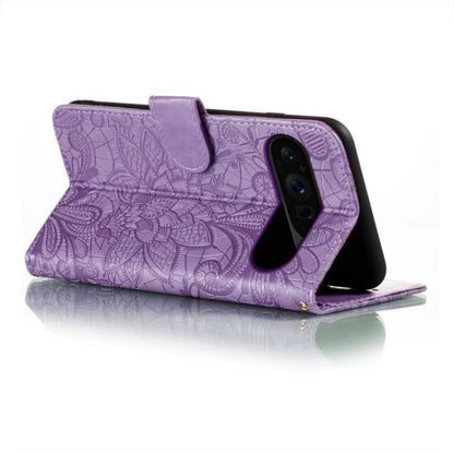For Google Pixel 9 Pro Lace Flower Embossing Flip Leather Phone Case(Purple) by buy2fix