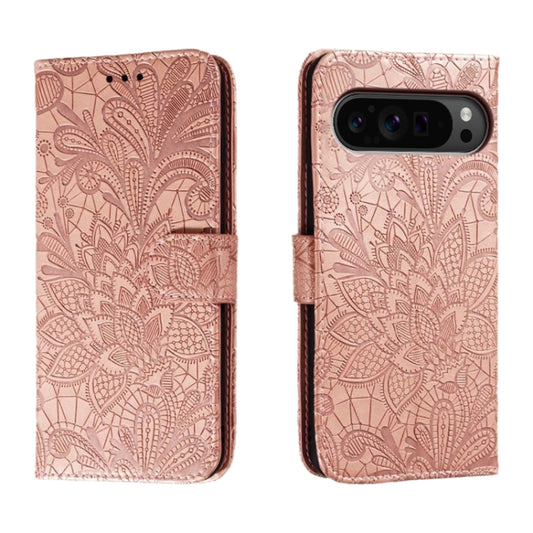 For Google Pixel 9 Pro Lace Flower Embossing Flip Leather Phone Case(Rose Gold) by buy2fix