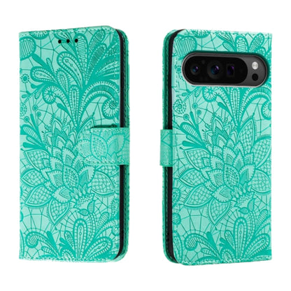 For Google Pixel 9 Pro Lace Flower Embossing Flip Leather Phone Case(Green) by buy2fix