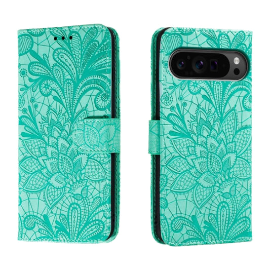 For Google Pixel 9 Pro Lace Flower Embossing Flip Leather Phone Case(Green) by buy2fix