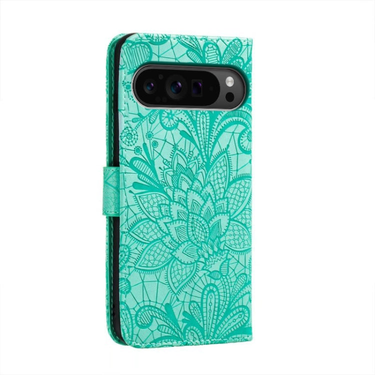 For Google Pixel 9 Pro Lace Flower Embossing Flip Leather Phone Case(Green) by buy2fix