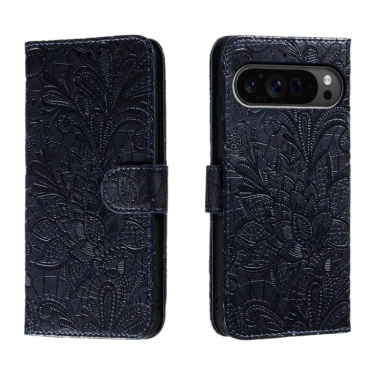 For Google Pixel 9 Pro Lace Flower Embossing Flip Leather Phone Case(Dark Blue) by buy2fix