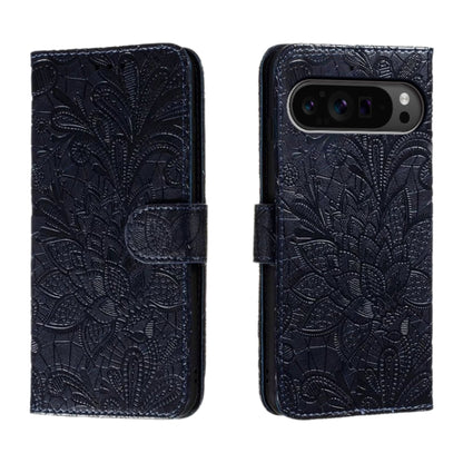 For Google Pixel 9 Pro Lace Flower Embossing Flip Leather Phone Case(Dark Blue) by buy2fix