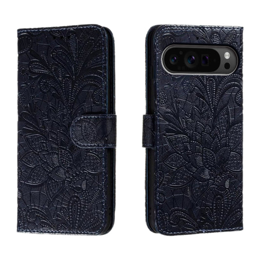 For Google Pixel 9 Pro Lace Flower Embossing Flip Leather Phone Case(Dark Blue) by buy2fix