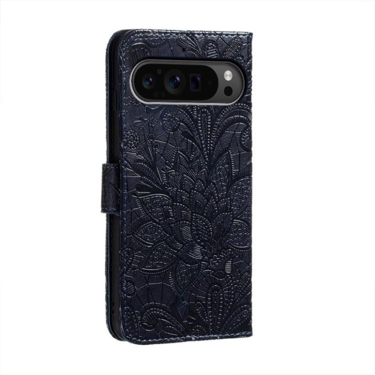 For Google Pixel 9 Pro Lace Flower Embossing Flip Leather Phone Case(Dark Blue) by buy2fix