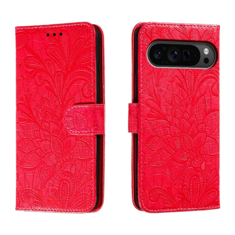 For Google Pixel 9 Pro Lace Flower Embossing Flip Leather Phone Case(Red) by buy2fix