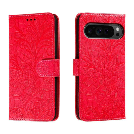 For Google Pixel 9 Pro Lace Flower Embossing Flip Leather Phone Case(Red) by buy2fix