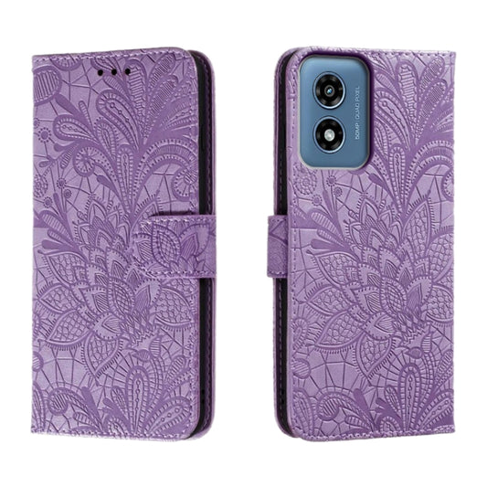 For Motorola Moto G Play 2024 Lace Flower Embossing Flip Leather Phone Case(Purple) by buy2fix