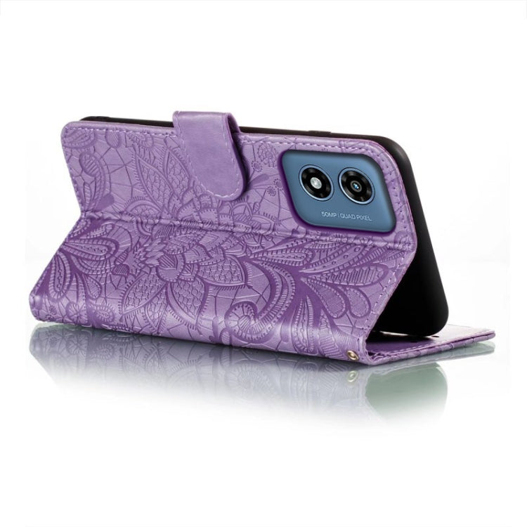 For Motorola Moto G Play 2024 Lace Flower Embossing Flip Leather Phone Case(Purple) by buy2fix