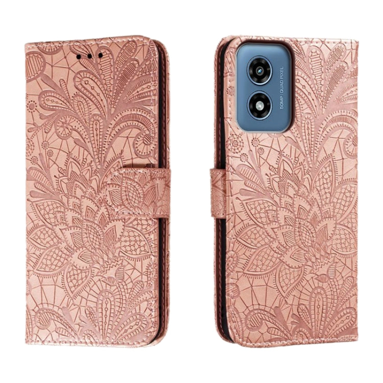 For Motorola Moto G Play 2024 Lace Flower Embossing Flip Leather Phone Case(Rose Gold) by buy2fix