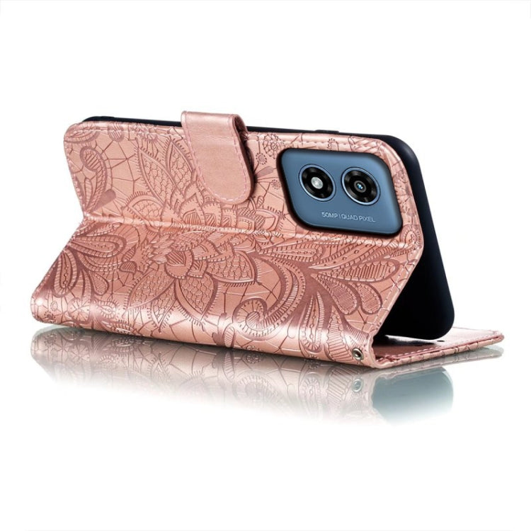 For Motorola Moto G Play 2024 Lace Flower Embossing Flip Leather Phone Case(Rose Gold) by buy2fix