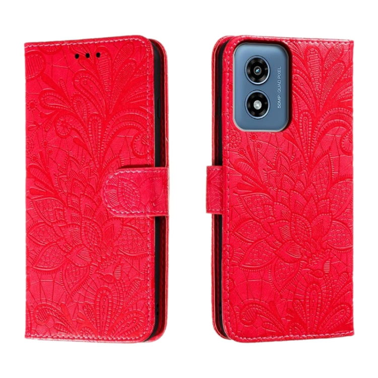 For Motorola Moto G Play 2024 Lace Flower Embossing Flip Leather Phone Case(Red) by buy2fix
