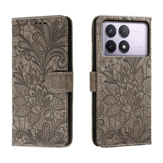 For Xiaomi Redmi K70 Lace Flower Embossing Flip Leather Phone Case(Grey) - Xiaomi Cases by buy2fix | Online Shopping UK | buy2fix