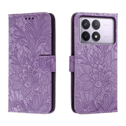 For Xiaomi Redmi K70 Lace Flower Embossing Flip Leather Phone Case(Purple) - Xiaomi Cases by buy2fix | Online Shopping UK | buy2fix
