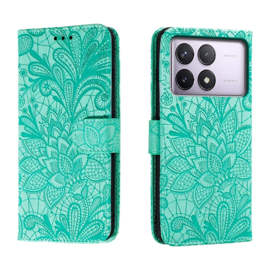 For Xiaomi Redmi K70 Lace Flower Embossing Flip Leather Phone Case(Green) - Xiaomi Cases by buy2fix | Online Shopping UK | buy2fix