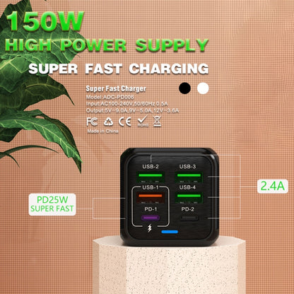 150W 4 x USB + 2 x USB-C / Type-C Multi-port Fast Charger, EU Plug(White) - USB Charger by buy2fix | Online Shopping UK | buy2fix