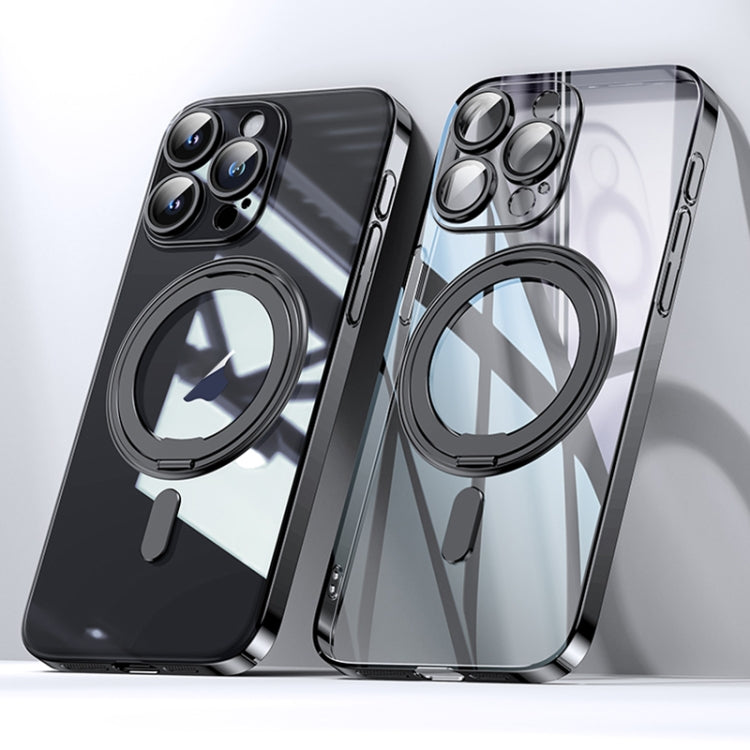 For iPhone 15 Pro Plating PC 360 Ring Holder Magsafe Phone Case(Clear Black) - iPhone 15 Pro Cases by buy2fix | Online Shopping UK | buy2fix