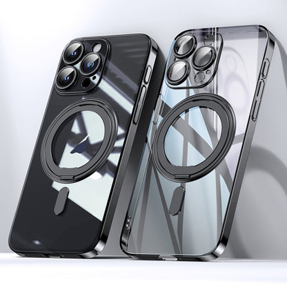 For iPhone 15 Pro Plating PC 360 Ring Holder Magsafe Phone Case(Clear Black) - iPhone 15 Pro Cases by buy2fix | Online Shopping UK | buy2fix