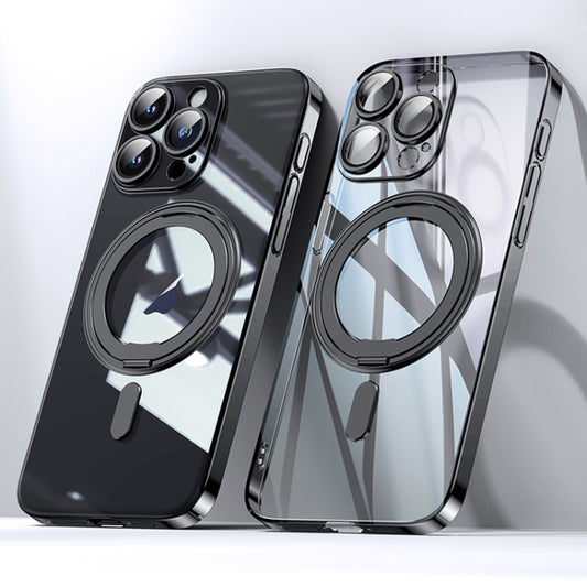 For iPhone 15 Pro Plating PC 360 Ring Holder Magsafe Phone Case(Clear Black) - iPhone 15 Pro Cases by buy2fix | Online Shopping UK | buy2fix