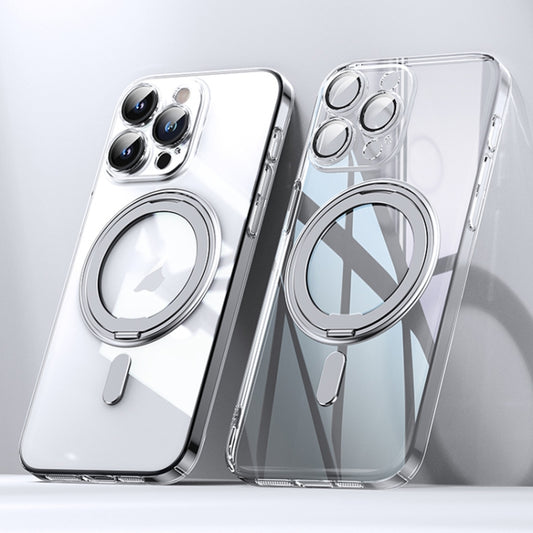 For iPhone 15 Pro Plating PC 360 Ring Holder Magsafe Phone Case(Transparent) - iPhone 15 Pro Cases by buy2fix | Online Shopping UK | buy2fix