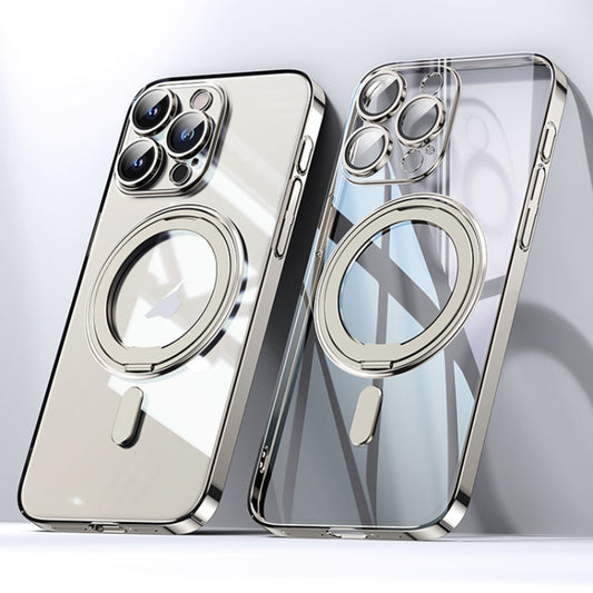 For iPhone 15 Pro Plating PC 360 Ring Holder Magsafe Phone Case(Clear Gold) - iPhone 15 Pro Cases by buy2fix | Online Shopping UK | buy2fix